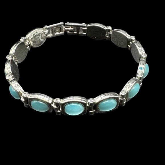 Silver Tone Bracelet Blue Cat's Eye Stones Cabochons 7 inches - Picture 1 of 8